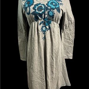 Double D Ranch brown blue Dress with Blue Embroidery 33” length pit to pit 16”